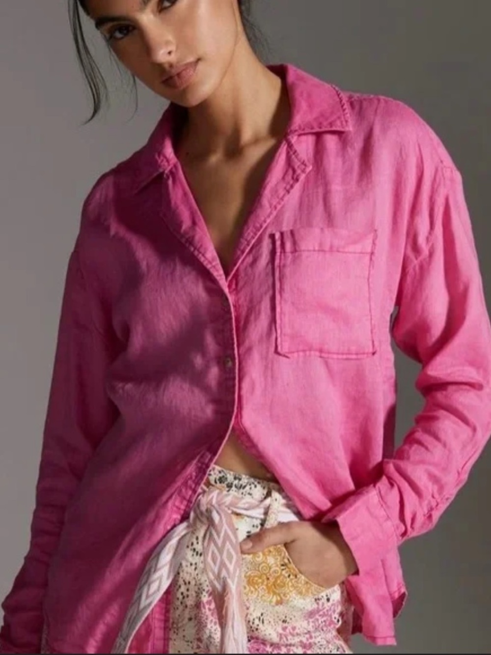Anthropologie Maeve pink linen button-down shirt ruched sleeves Sz XL